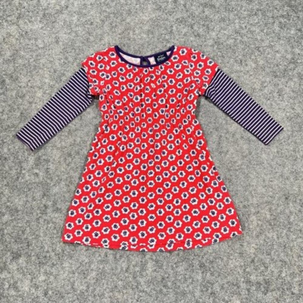 Mini Boden Dress Girls XS Red Floral Stripe Long Sleeve Smocked Cotton